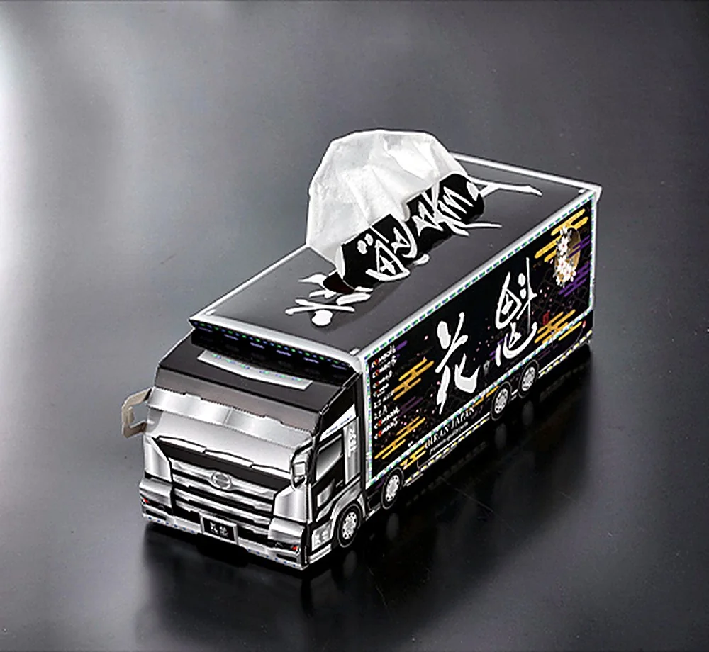 OIRAN demo truck tissue box with decorated art-truck print, front view